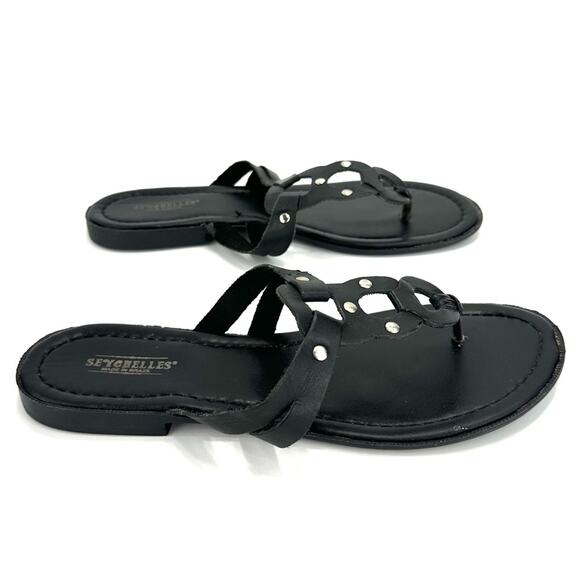Seychelles Flat Sandal Size 9 Black Leather Thong-Toe T-Strap Flip Flop Padded - Picture 2 of 9